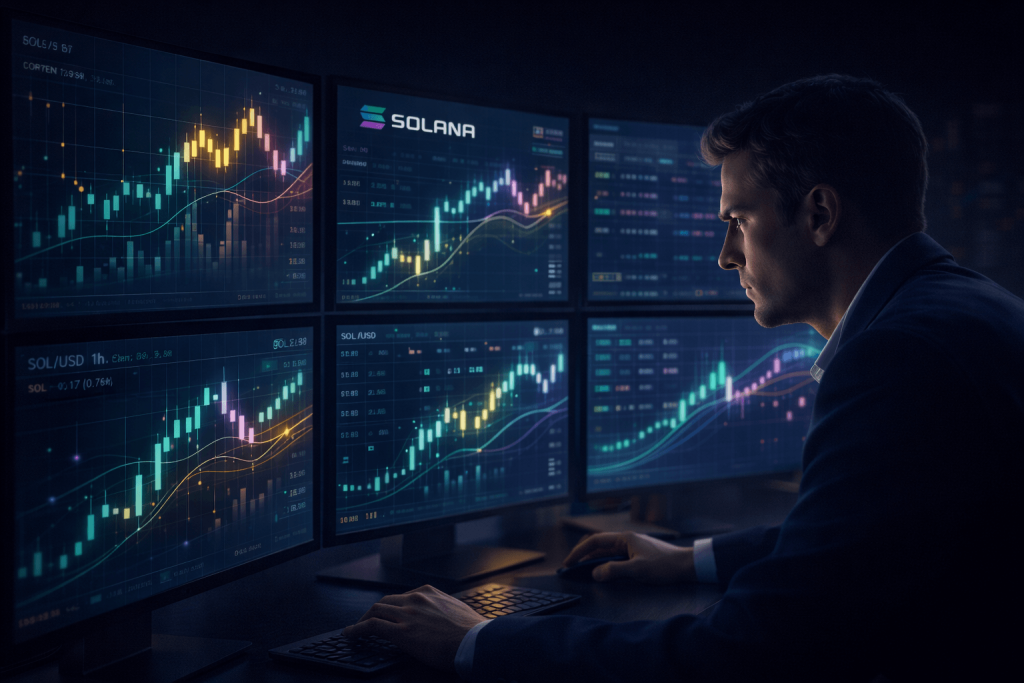 trader analyzing Solana cryptocurrency charts on multiple screens in a modern workspace with real-time market data