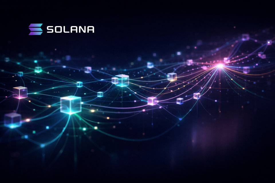 abstract illustration of Solana blockchain network with glowing nodes and fast data connections representing scalability and speed